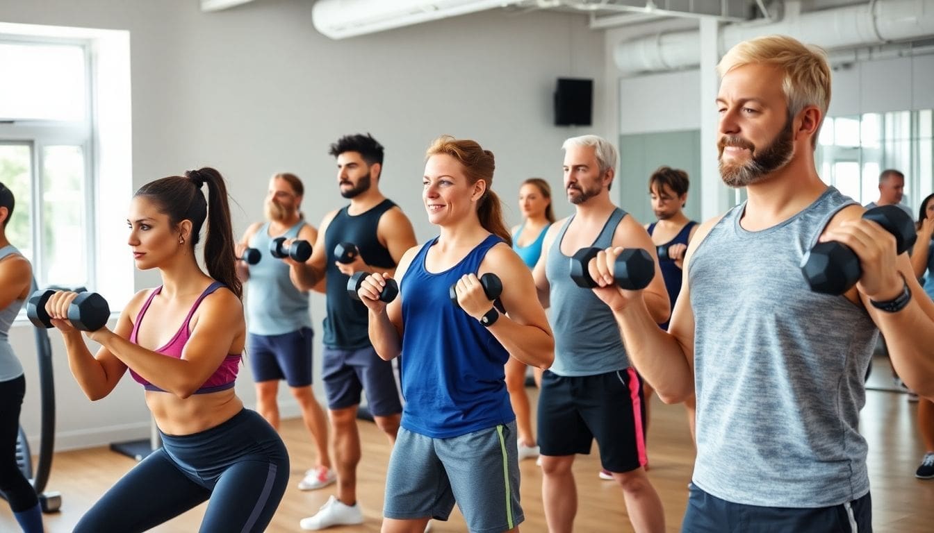 Group fitness class lifting dumbbells in gym