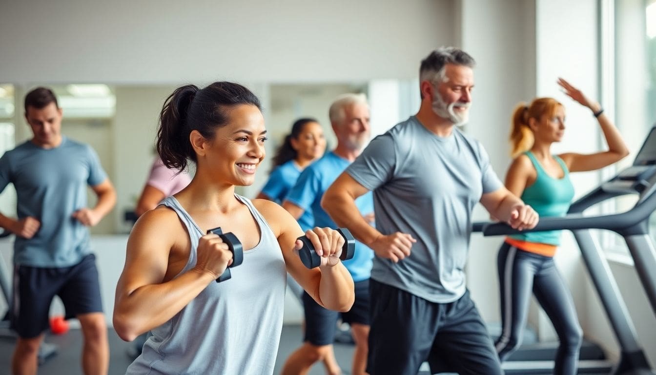 group fitness class with diverse people exercising indoors
