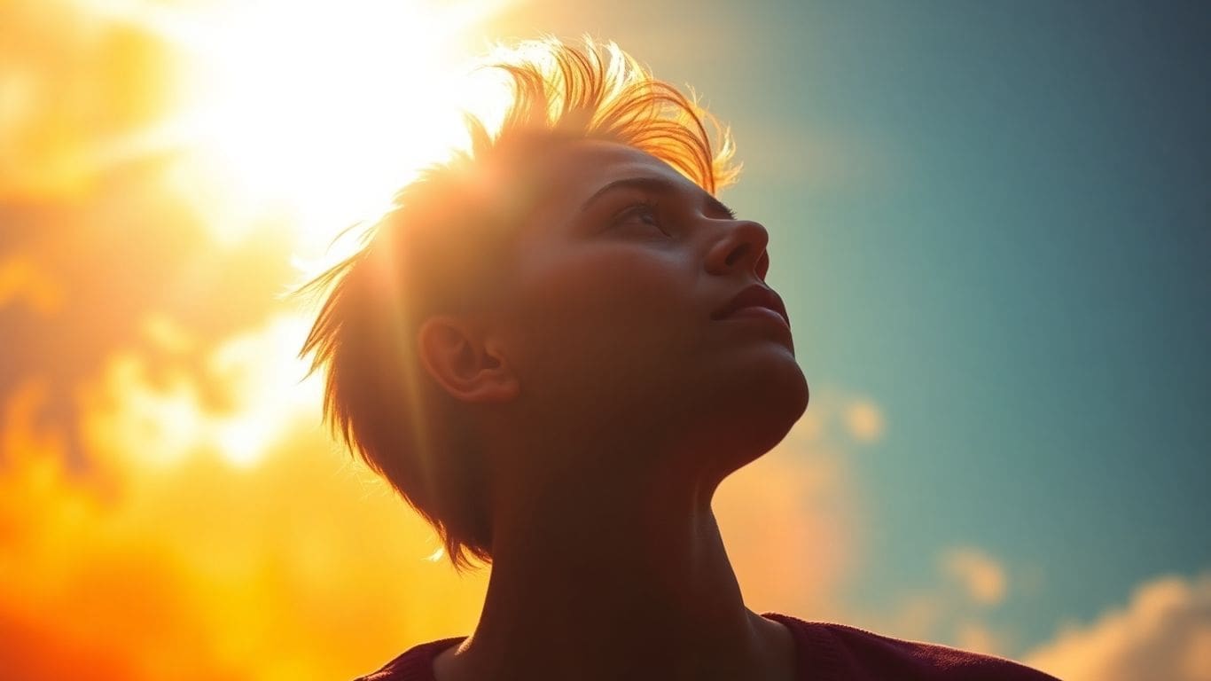 person looking up at bright sun with dramatic sky