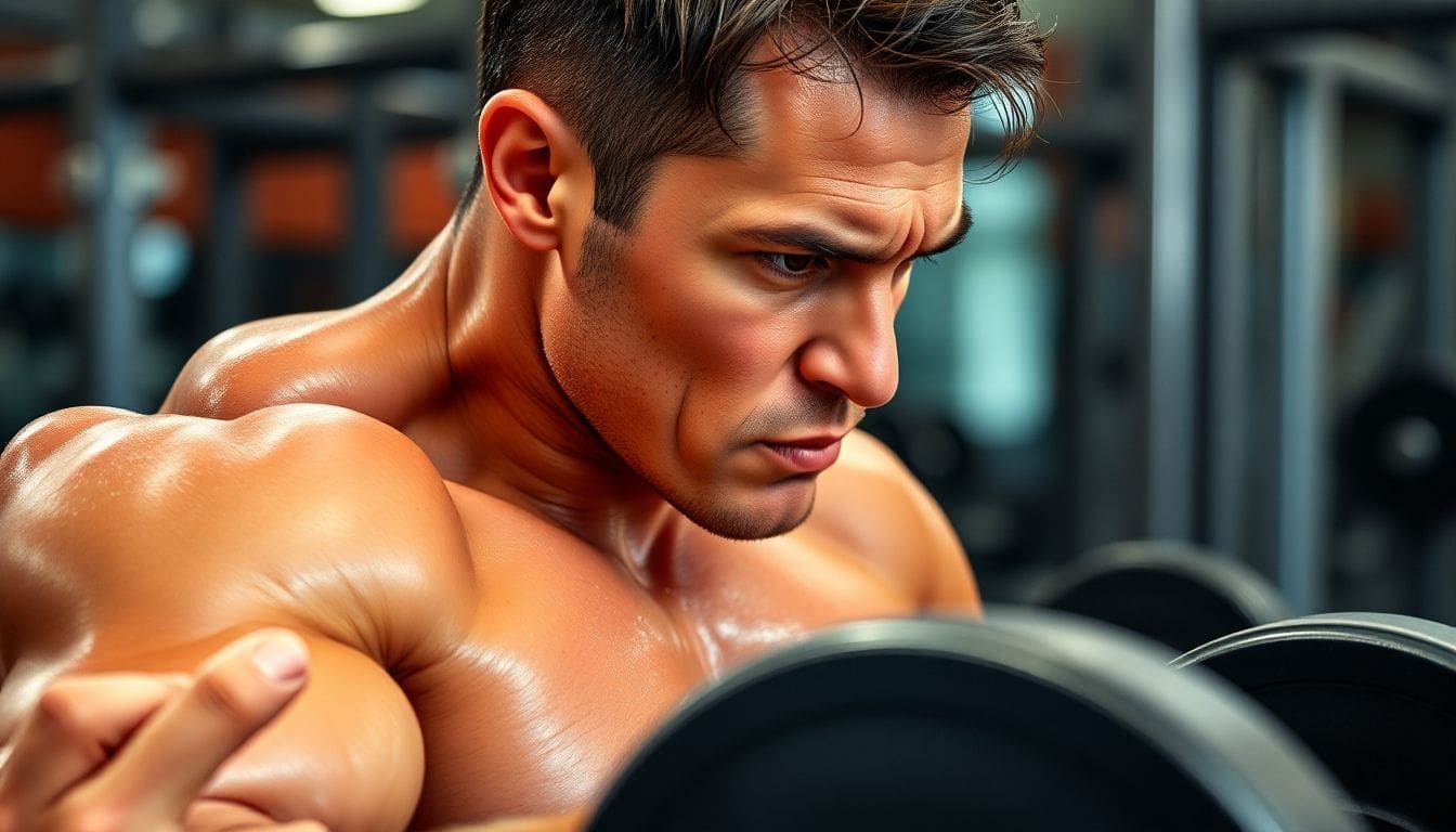focused man lifting weights in gym