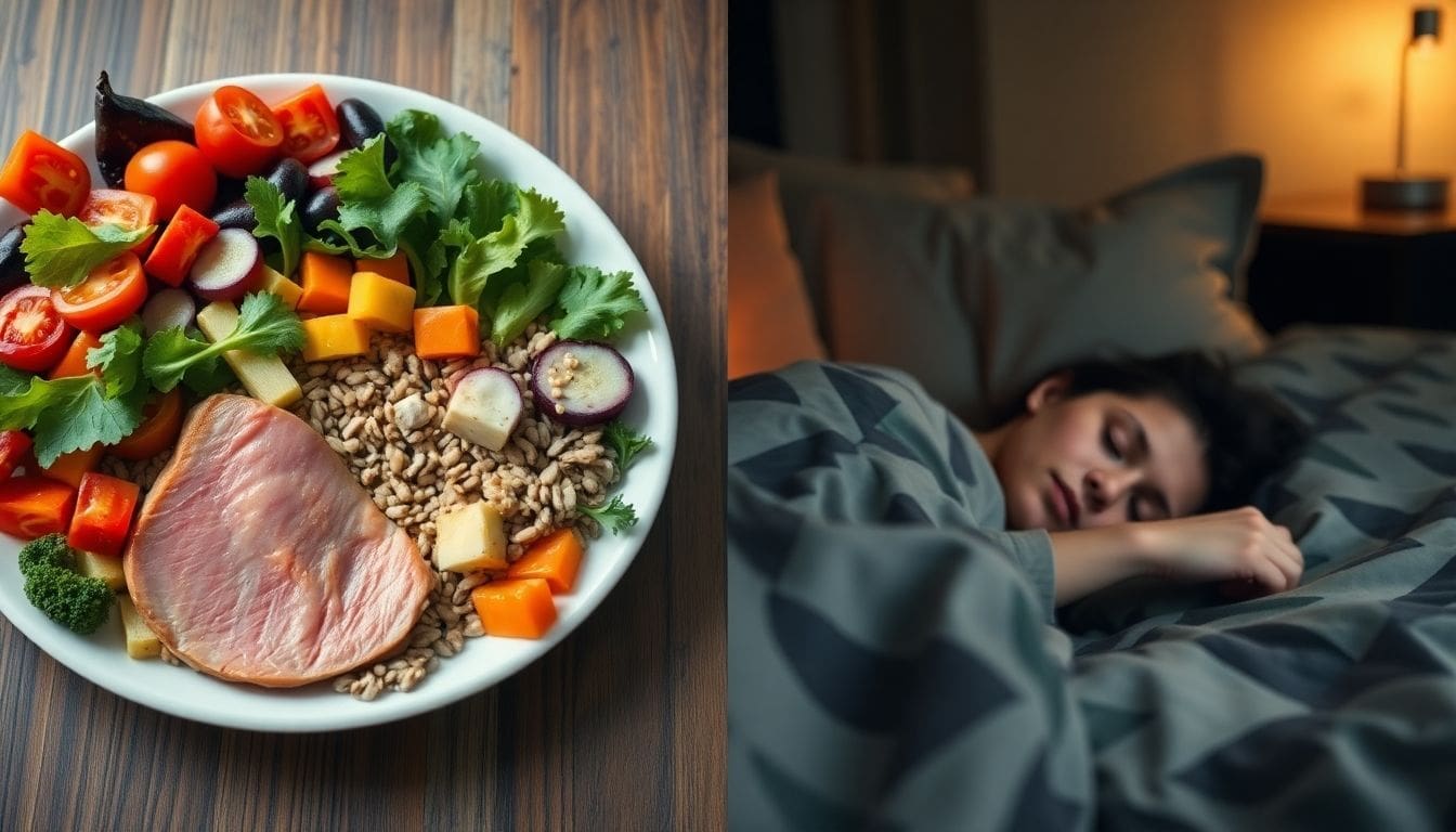 Plate of vegetables and grains next to person sleeping in bed