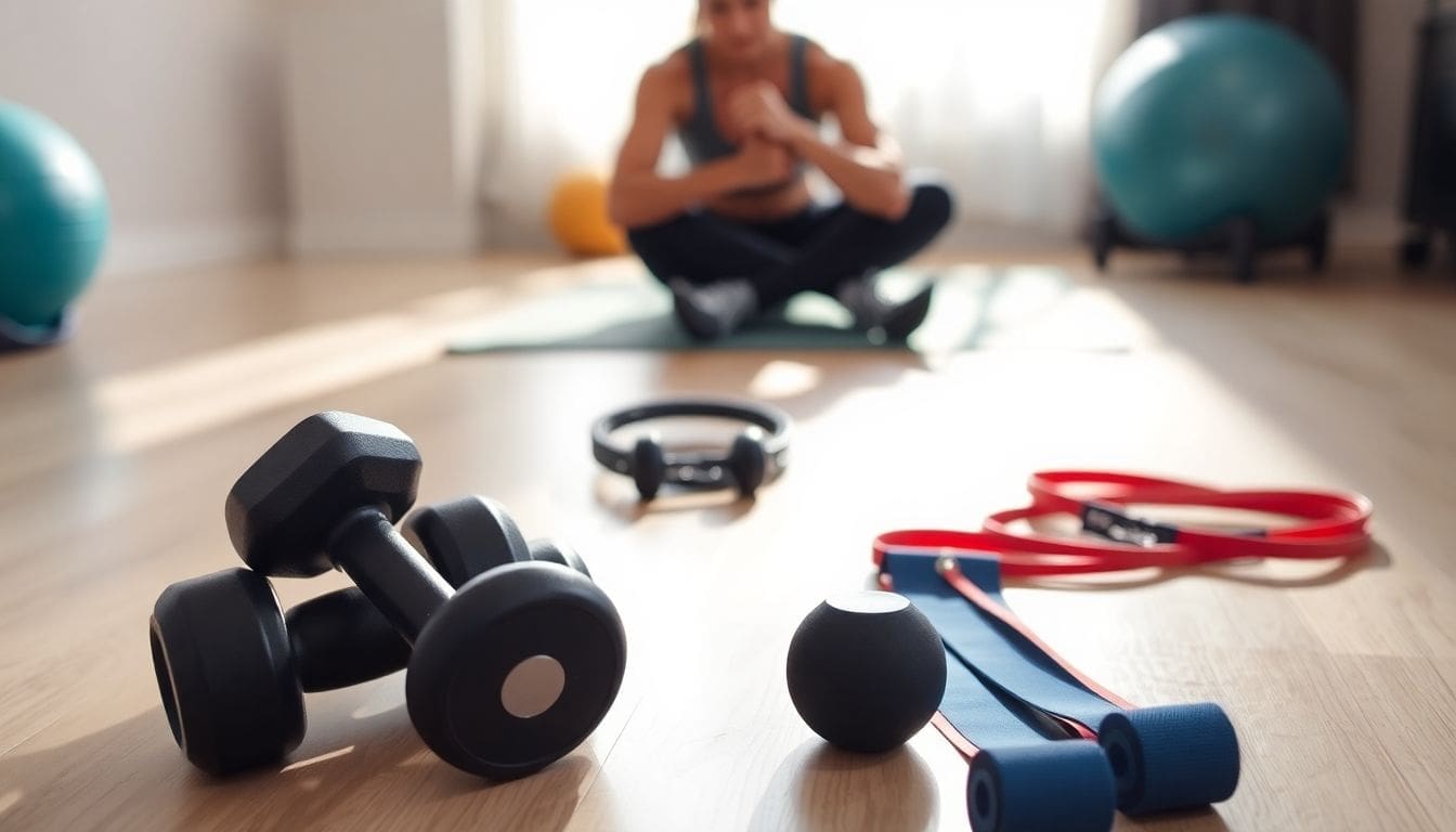 Home gym with dumbbells, resistance bands, and exercise ball