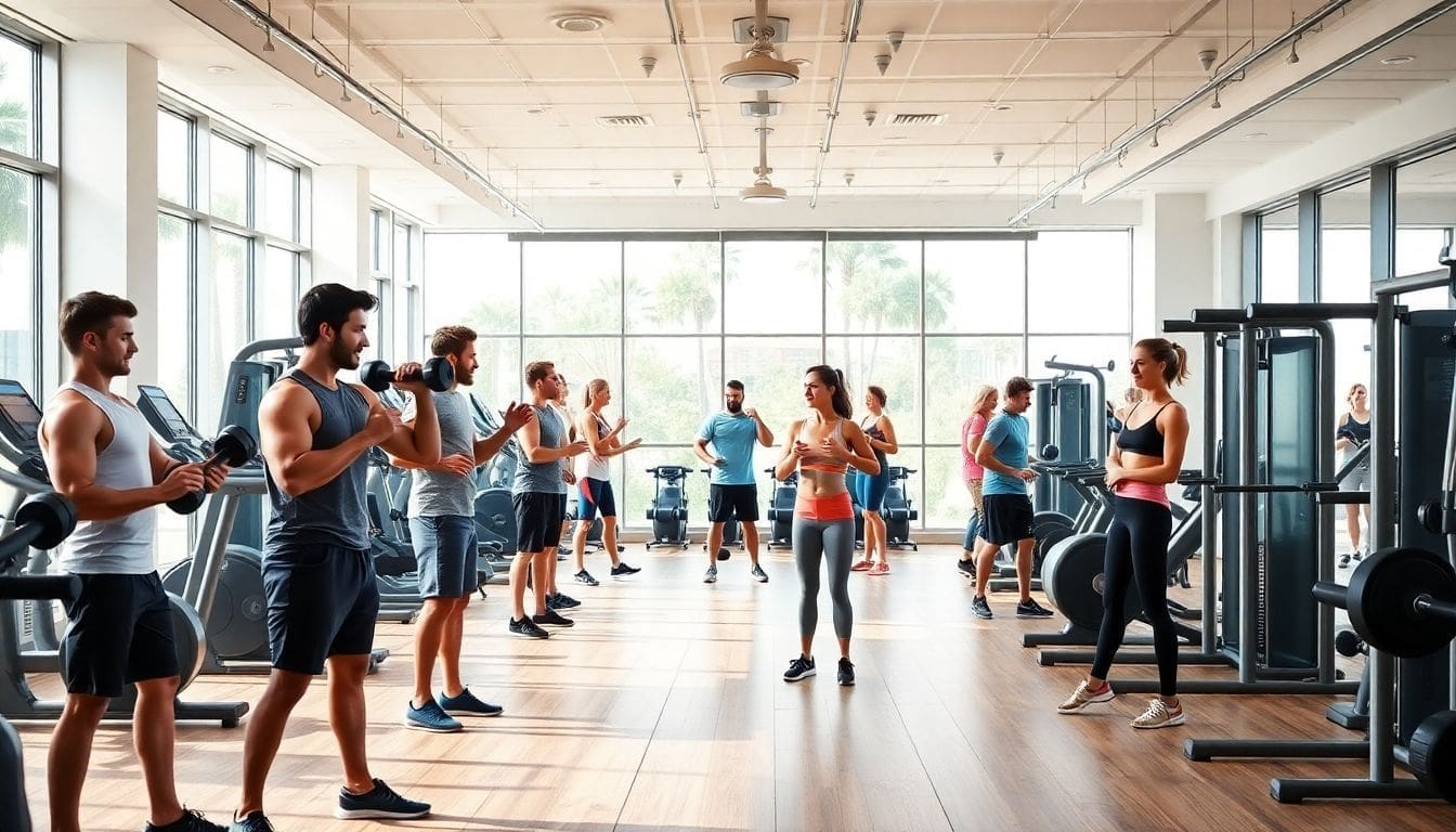 people exercising with weights in a bright modern gym