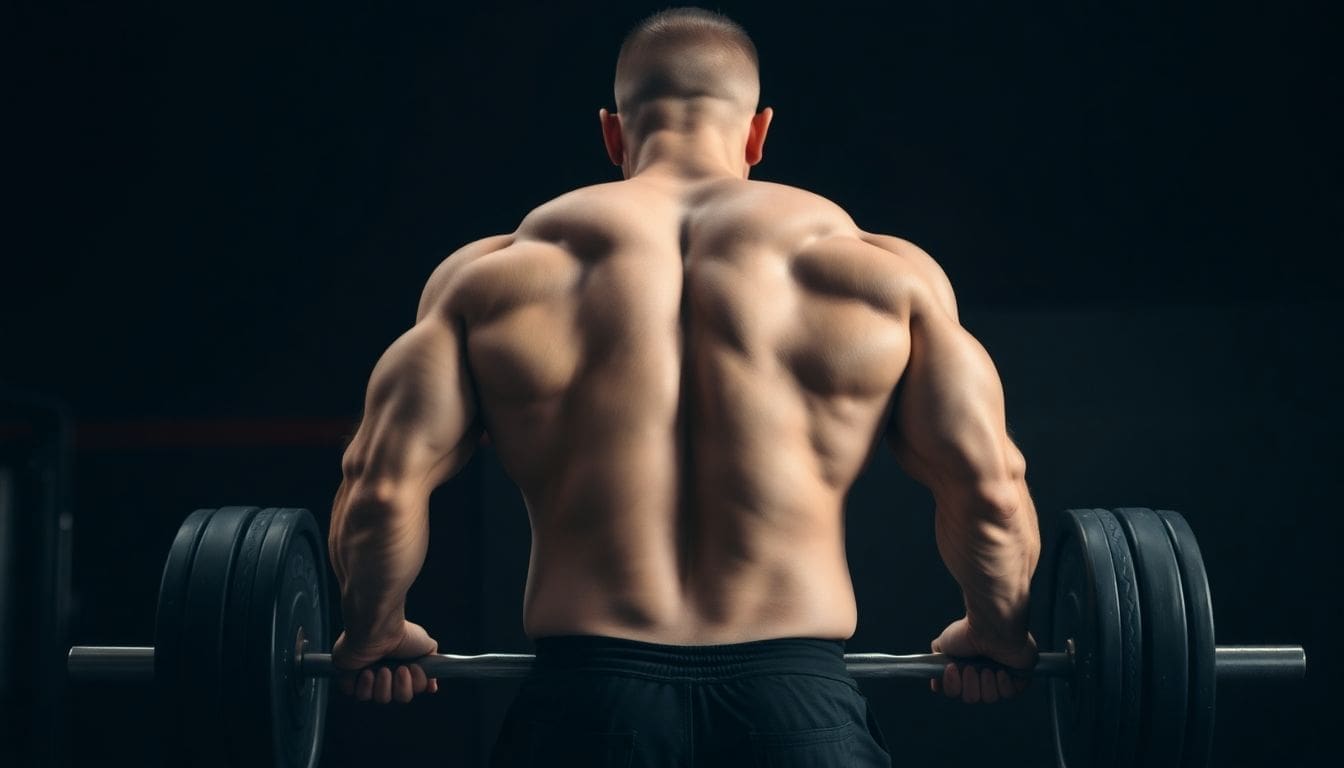 muscular man lifting barbell in gym from back view