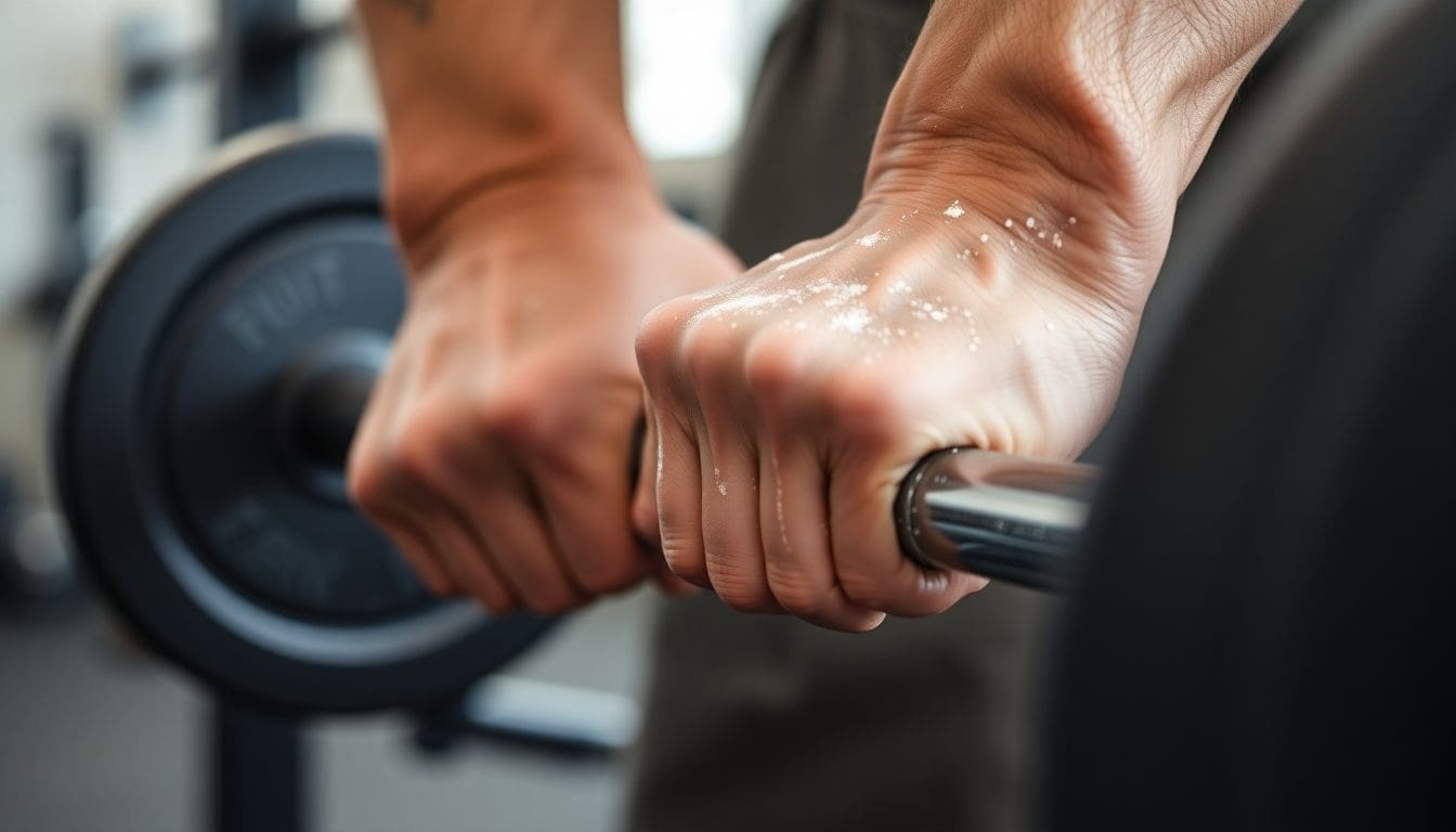 Close-up of hands gripping a barbell with chalk