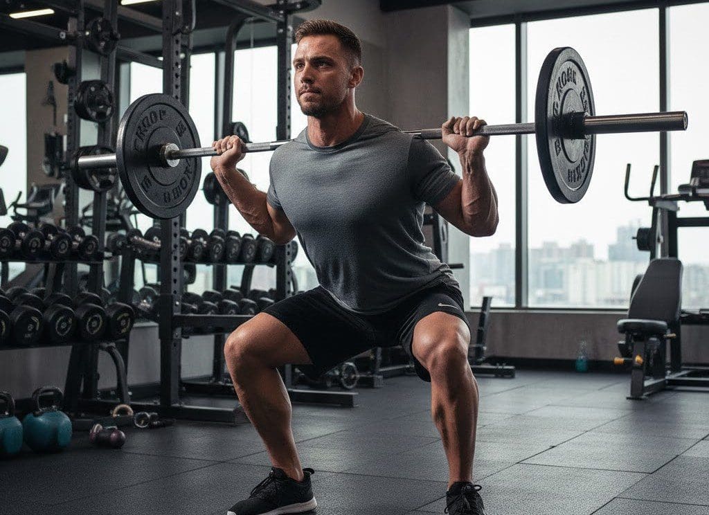 man in gym squatting with barbell on shoulders