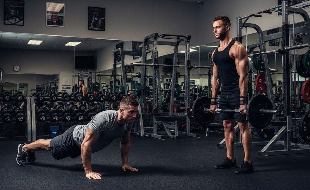 Two men exercising in gym, one doing push-ups, one lifting weights