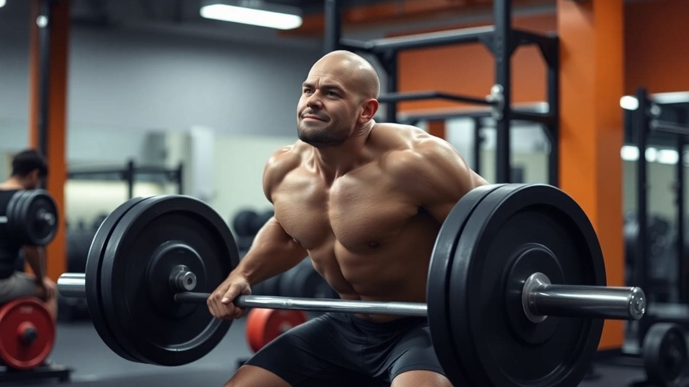 muscular man lifting barbell in gym