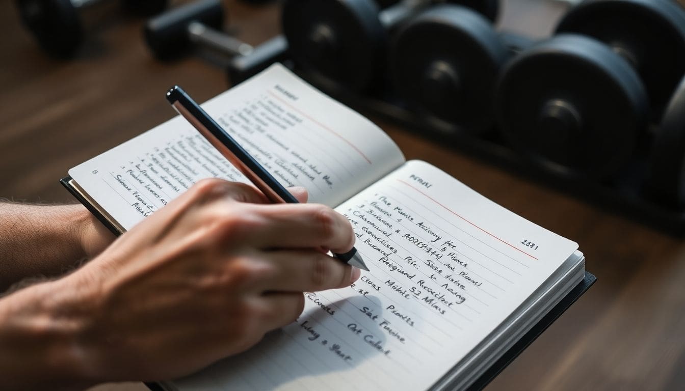 Person writing in journal with dumbbells in background