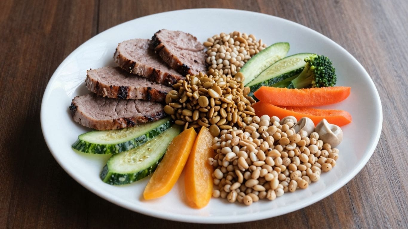 Plate with sliced meat, cucumber, carrots, broccoli, seeds