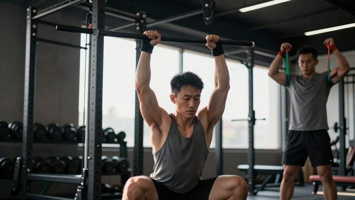 Man in gray tank top lifting barbell in gym