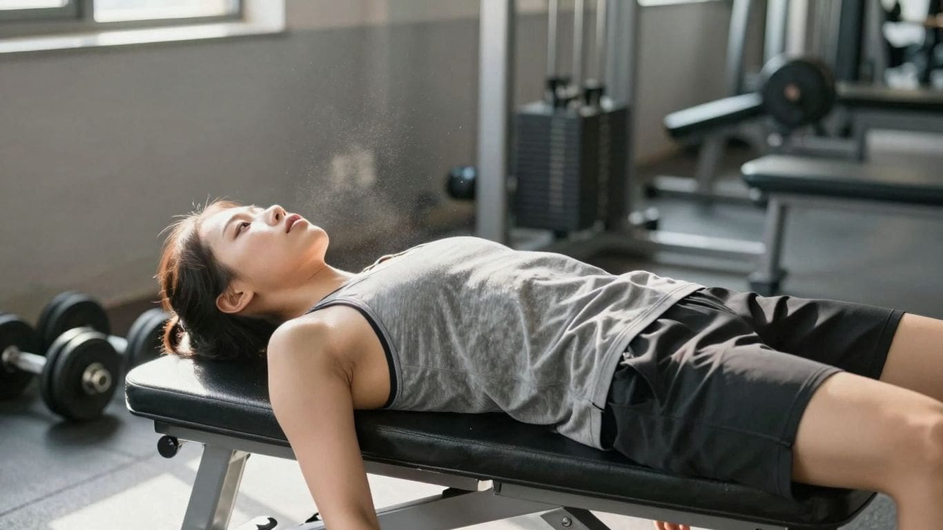Woman resting on gym bench in workout clothes