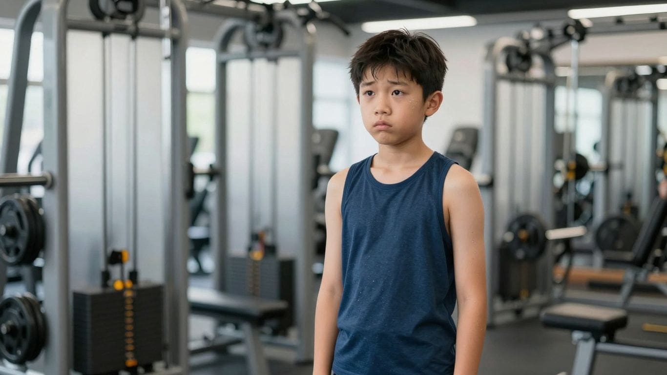 young boy in blue tank top standing in gym