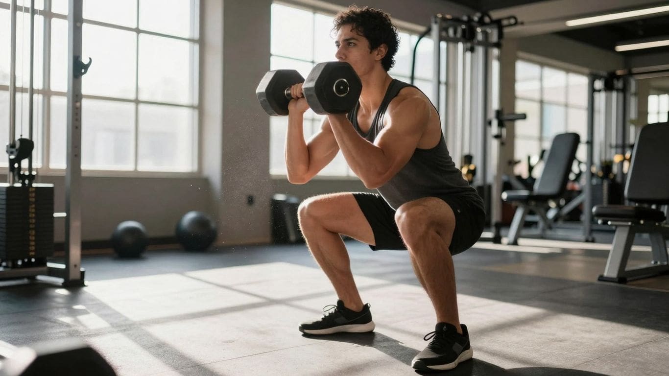 Man doing dumbbell squats in gym with natural light