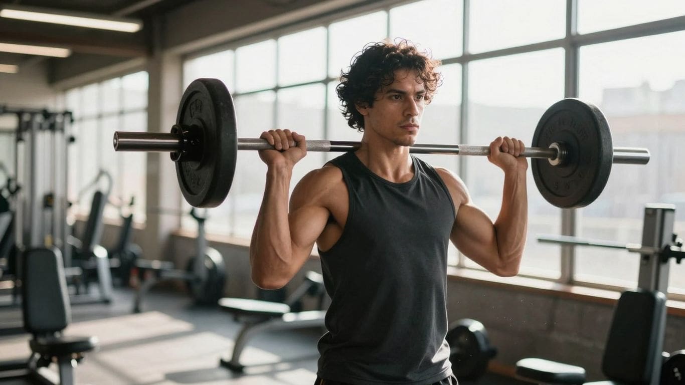 man lifting barbell in gym with large windows