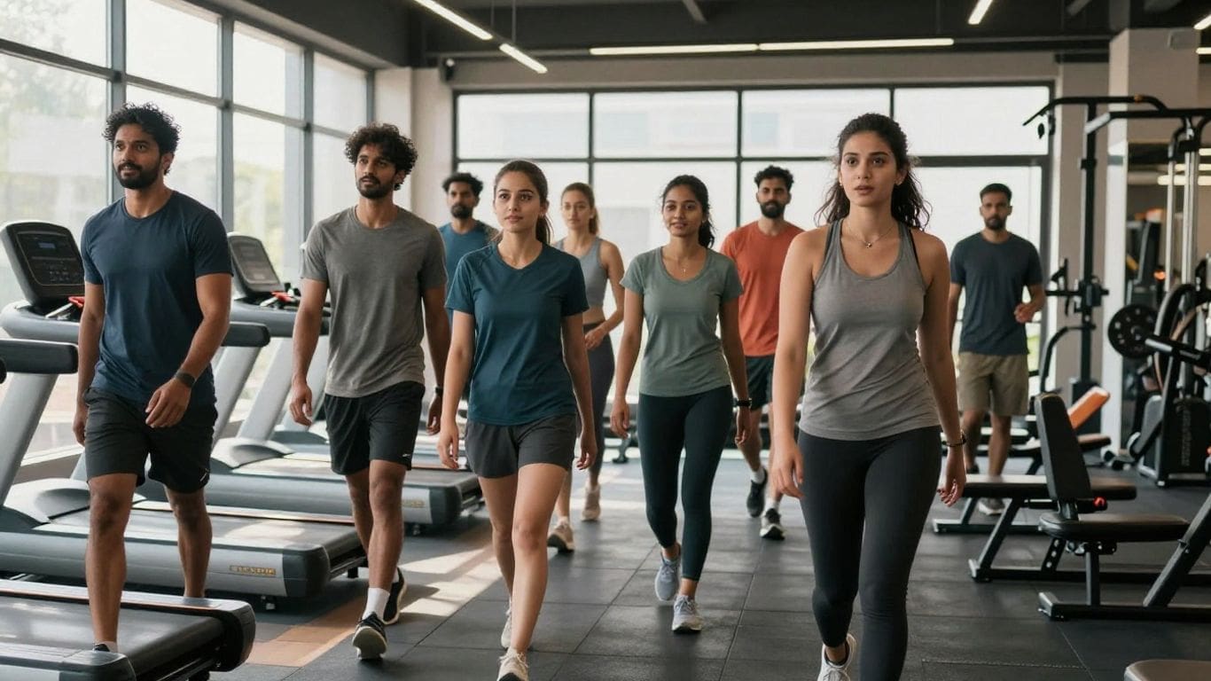 Group of people walking on treadmills in a gym