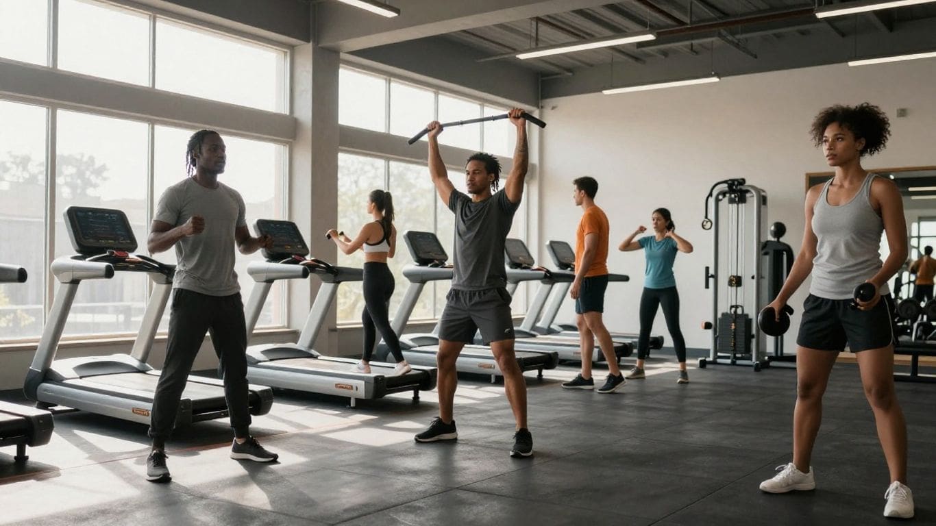 people exercising in gym with treadmills and weights