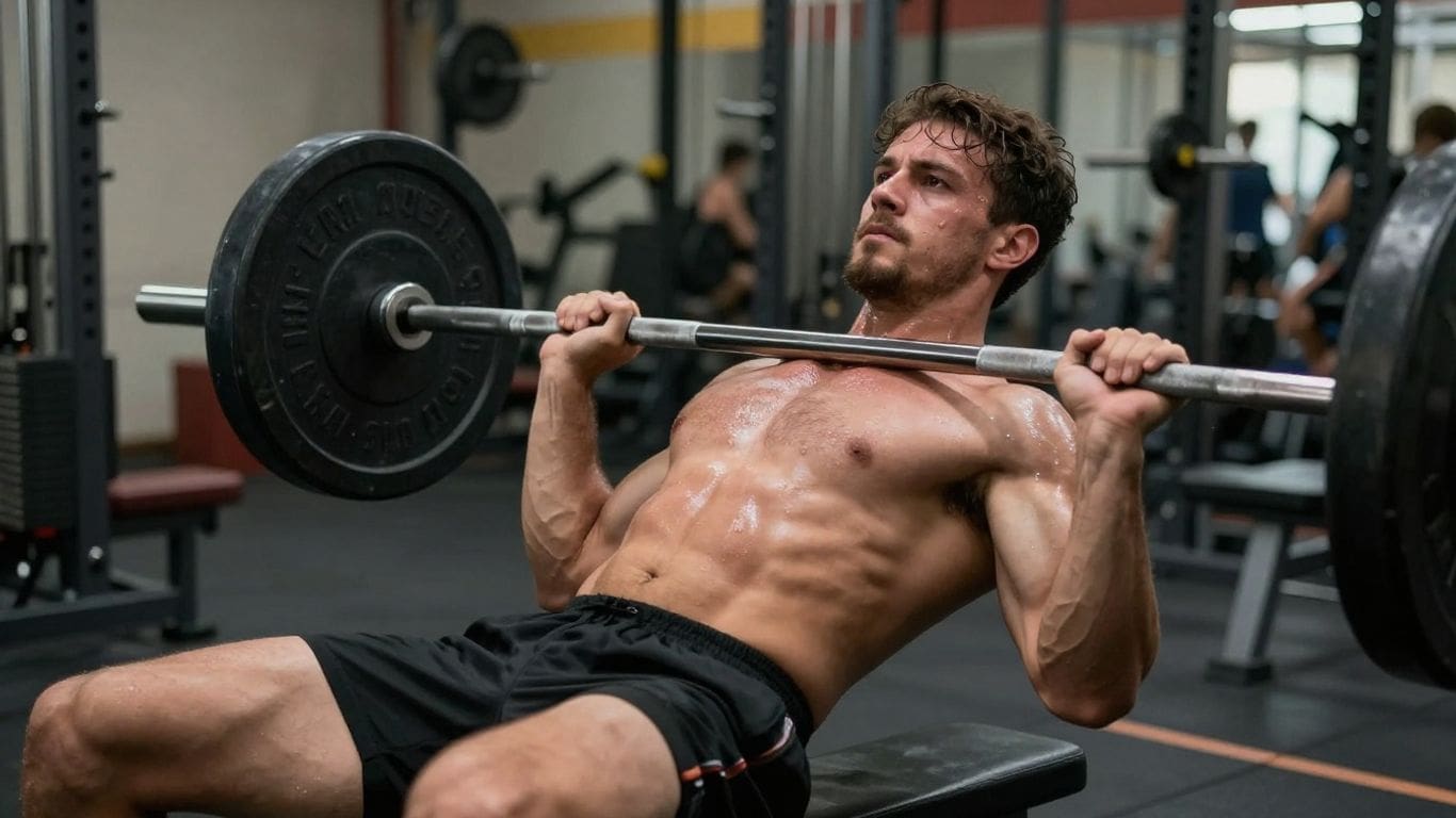 man performing incline bench press in gym