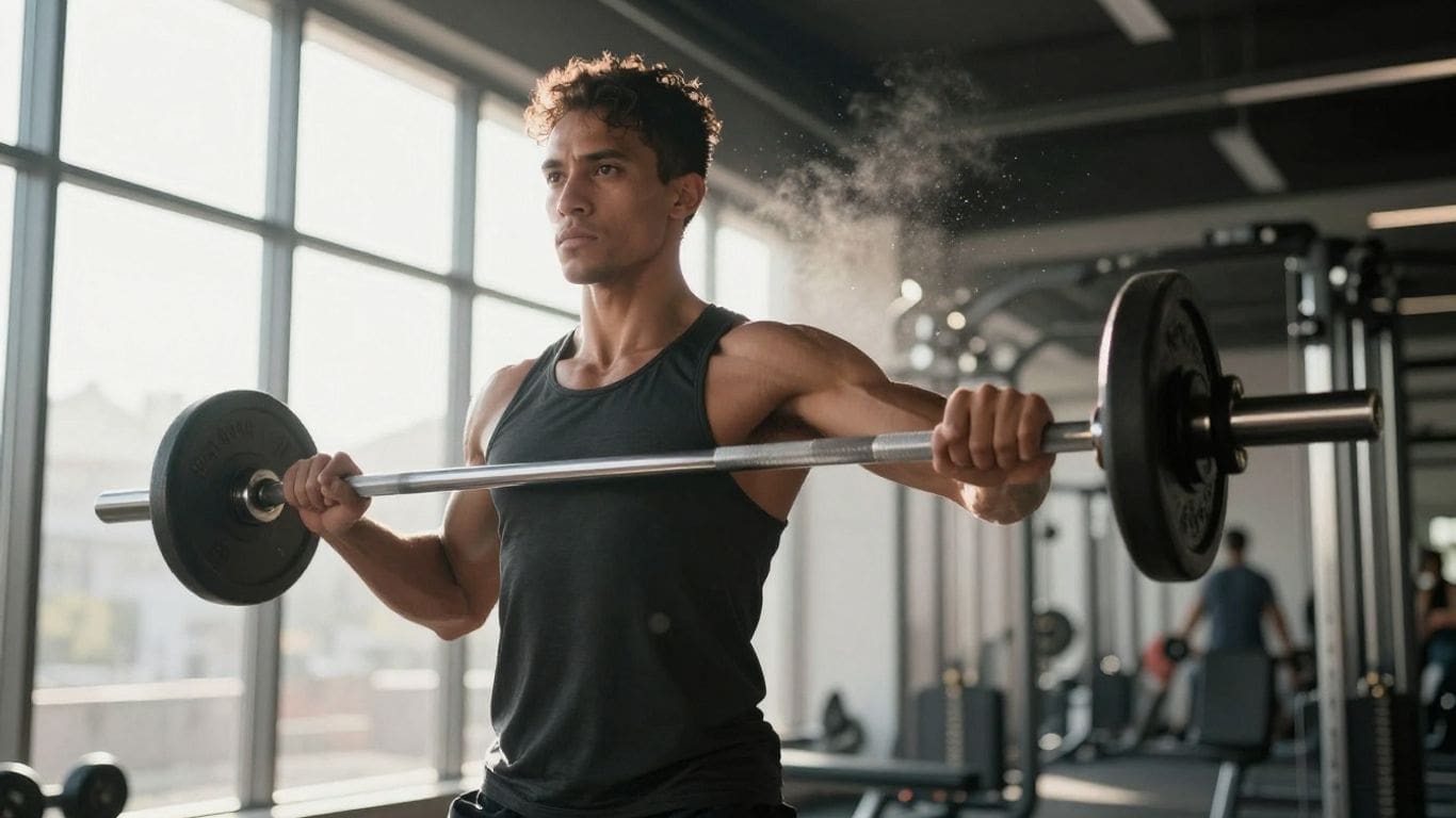 Man lifting barbell in gym with sunlight