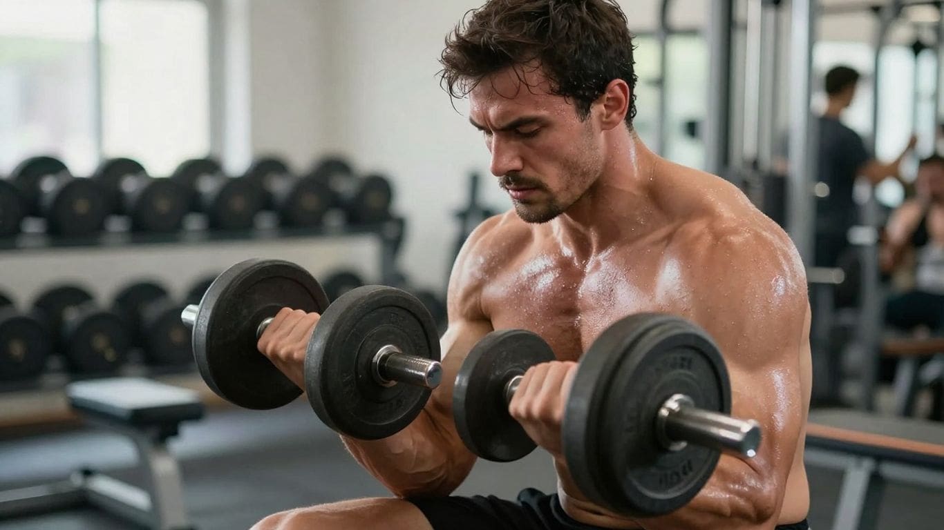 man lifting dumbbells in gym workout