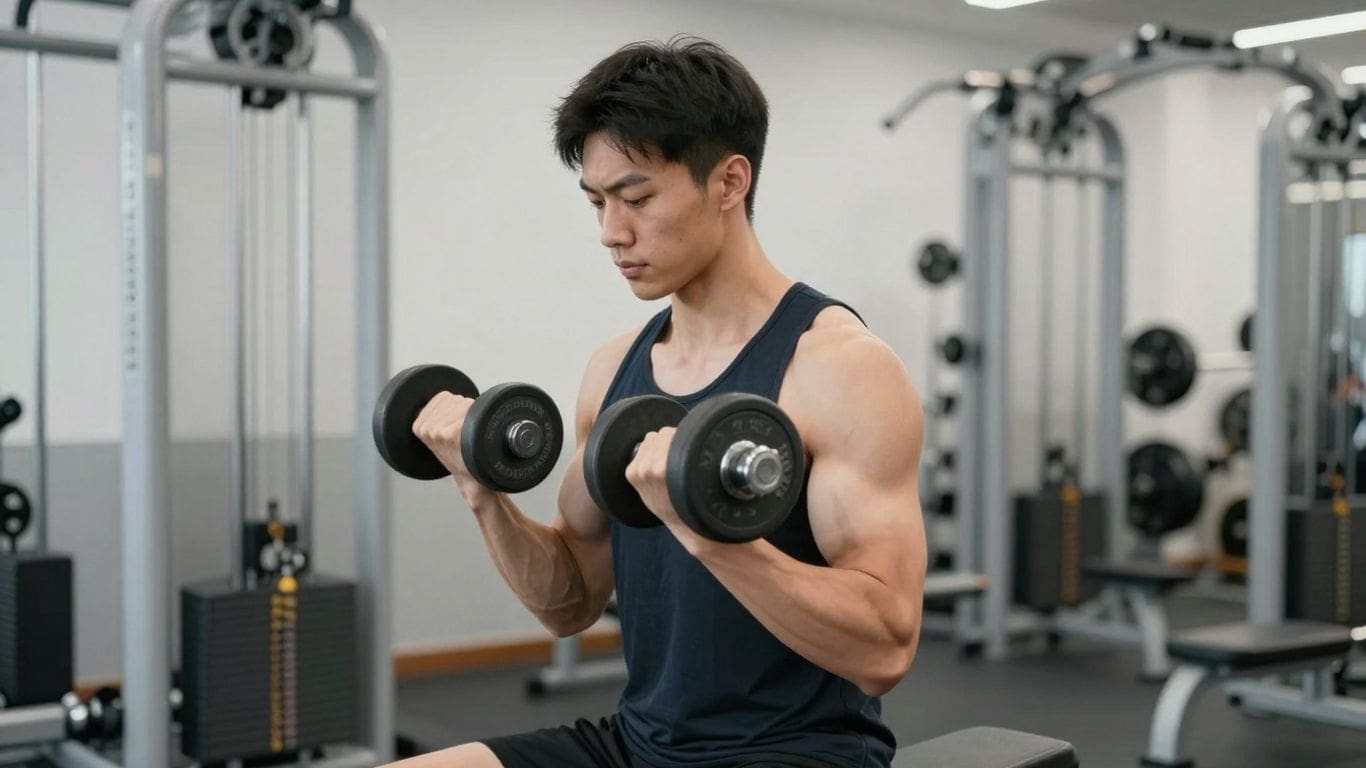 man in gym lifting dumbbells wearing black tank top