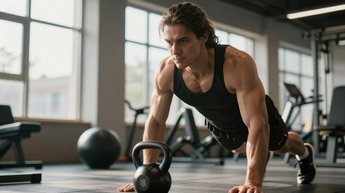 man doing push-ups on kettlebell in gym