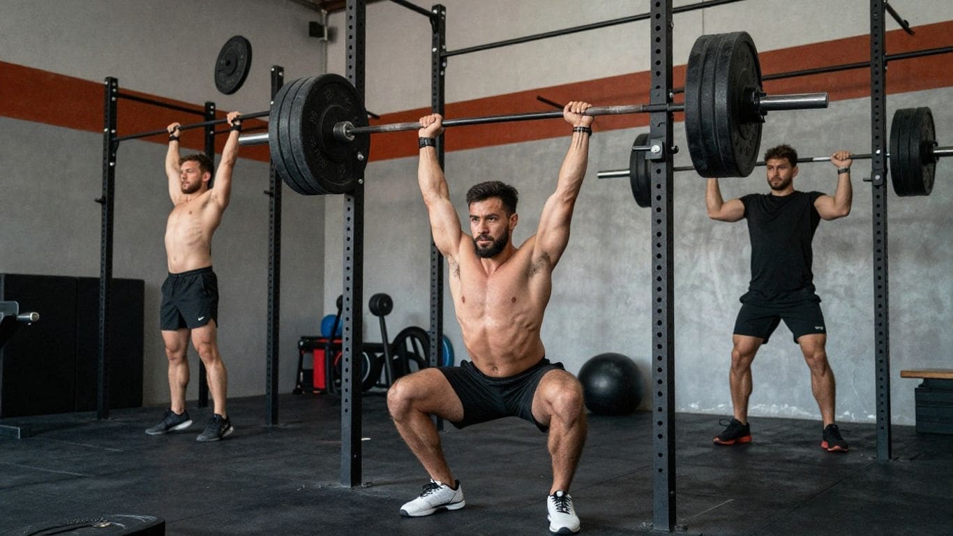 Three men lifting barbells in a gym