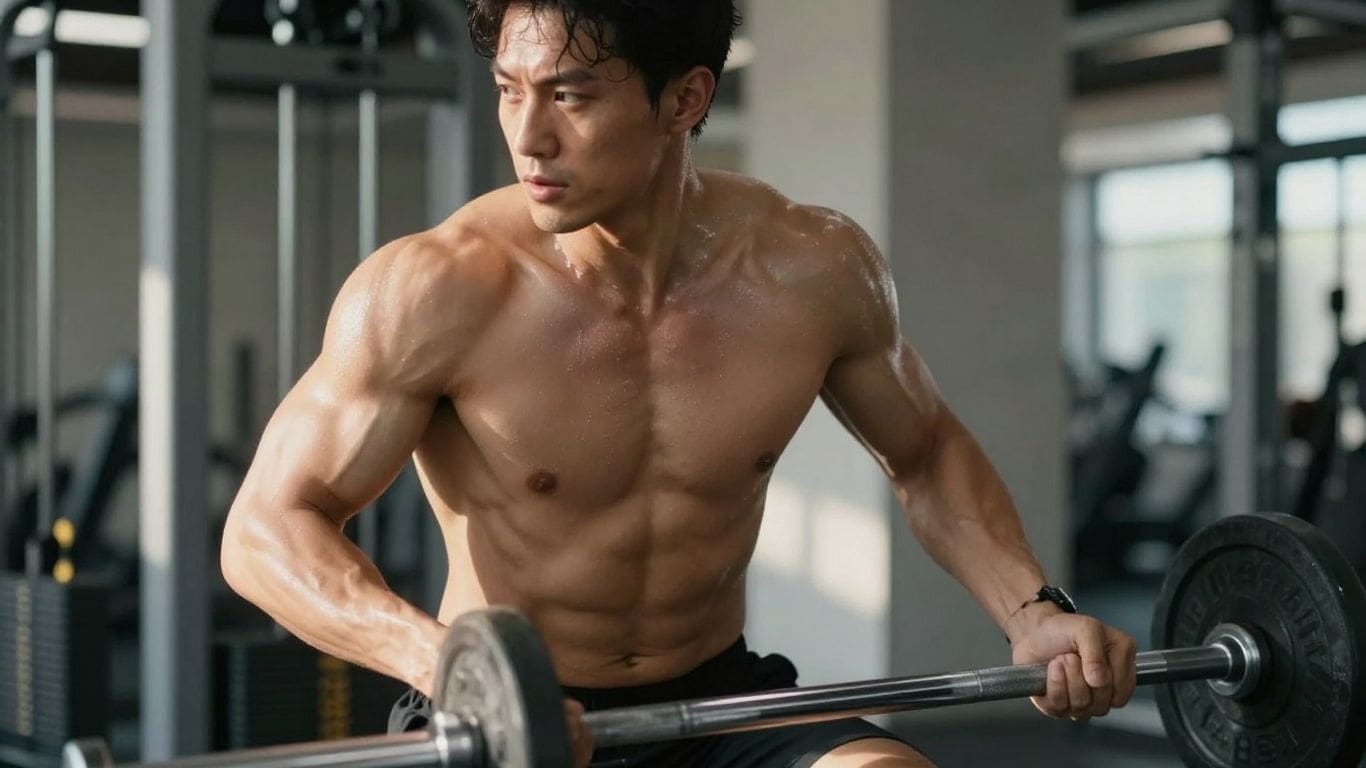 Muscular man lifting barbell in gym