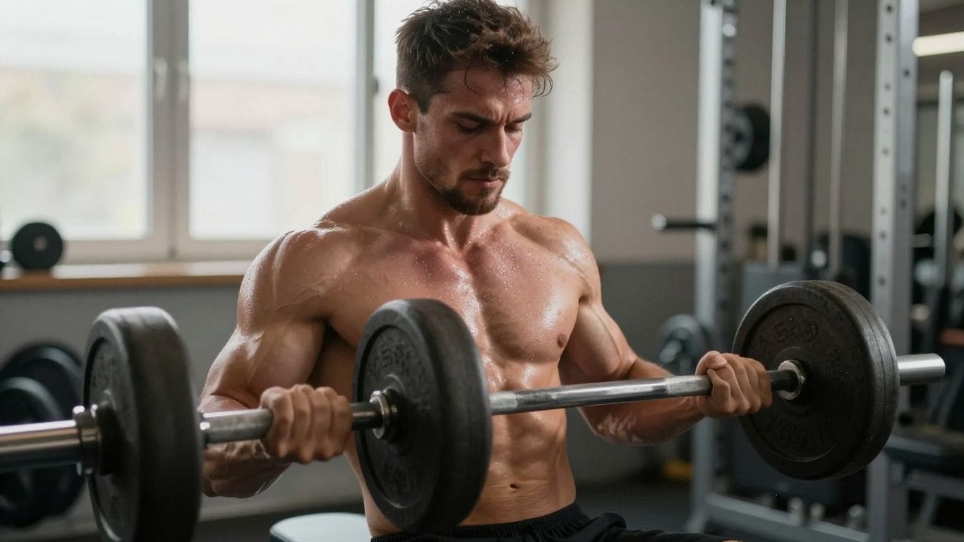 Muscular man lifting barbell in gym