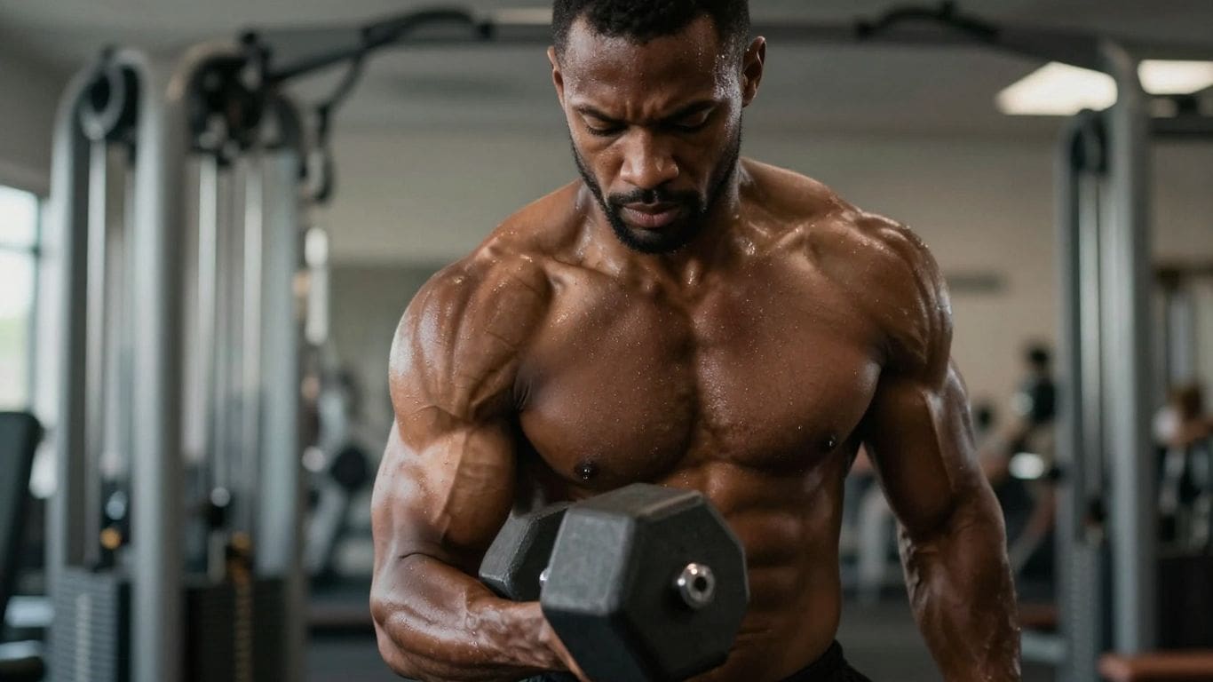 muscular man lifting dumbbell in gym
