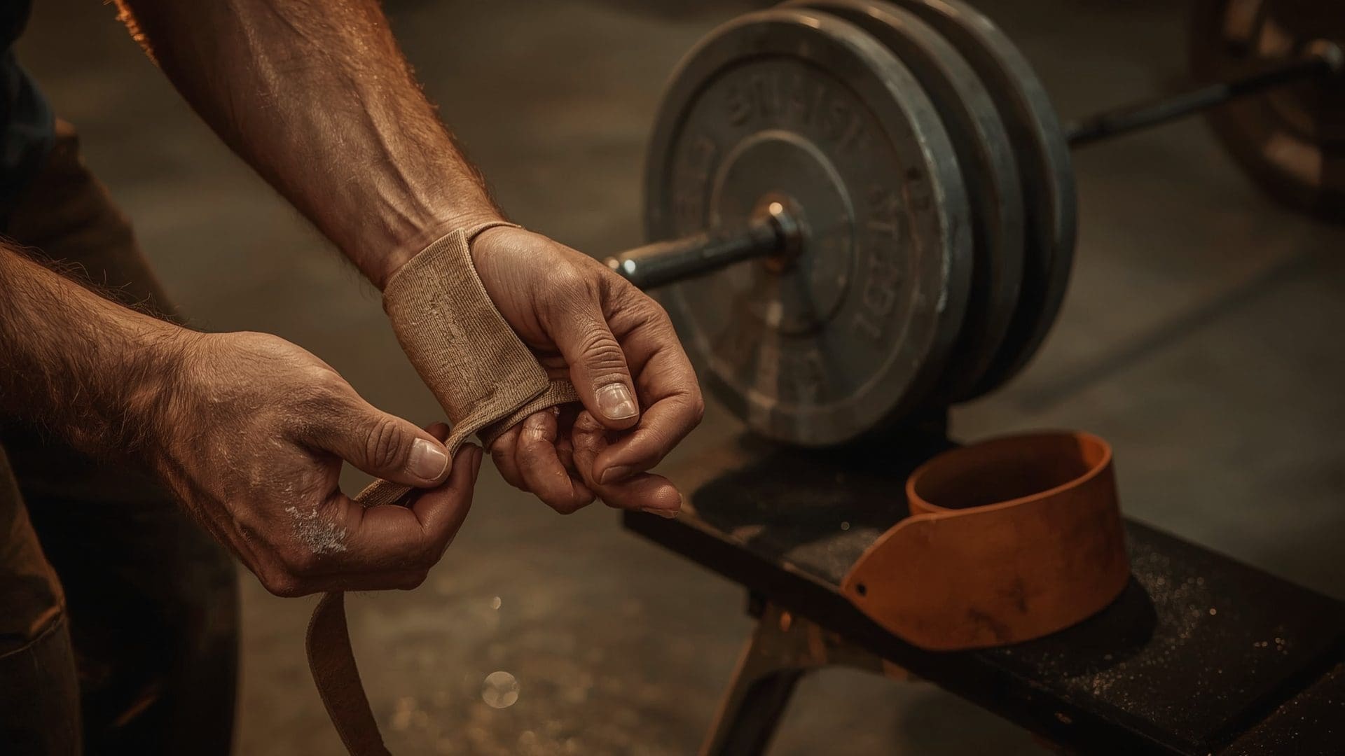 Close-up of chalked hands wrapping wrist support before heavy barbell lift