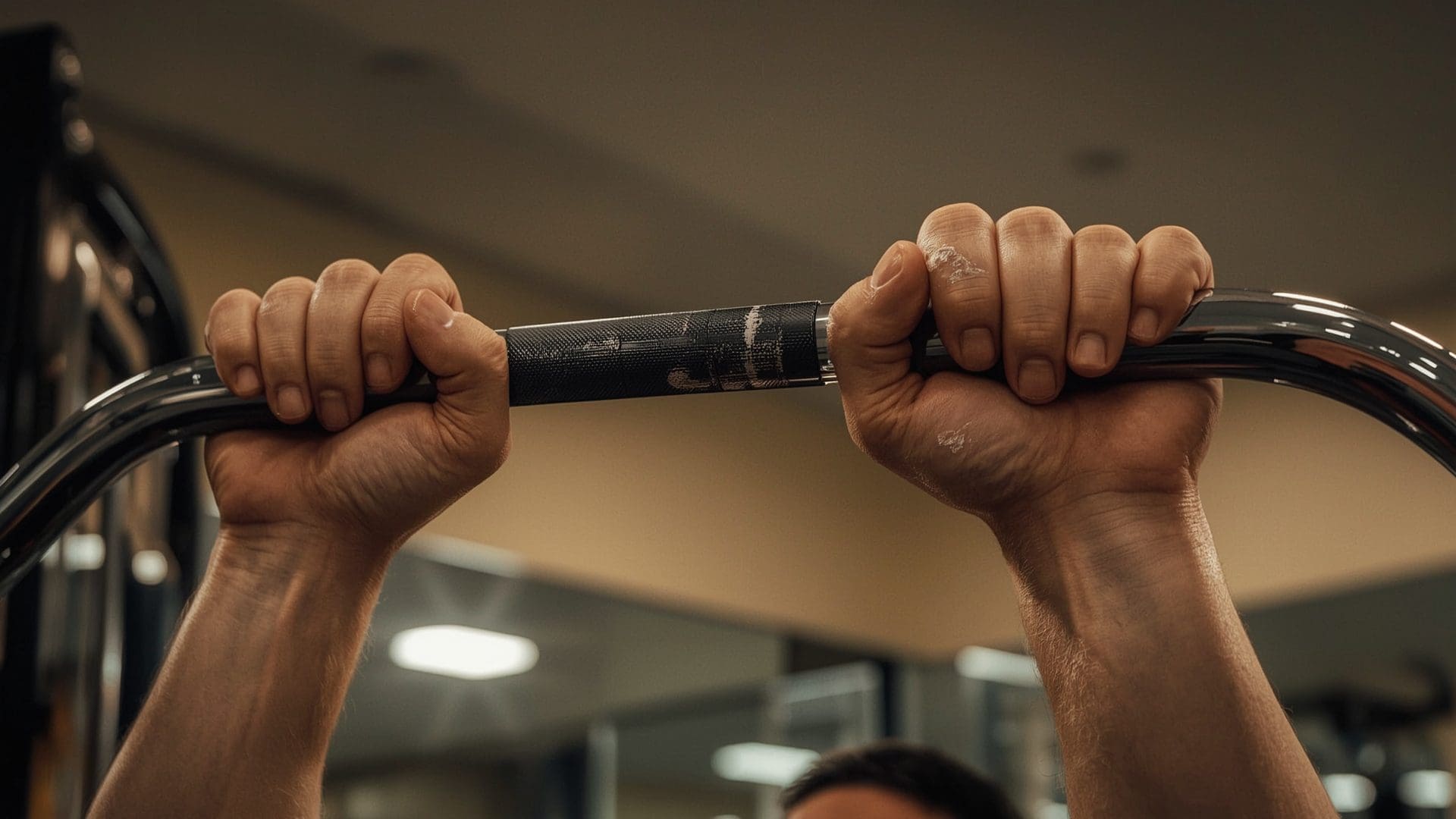 Close-up of hands gripping lat pulldown bar showing proper grip technique in gym