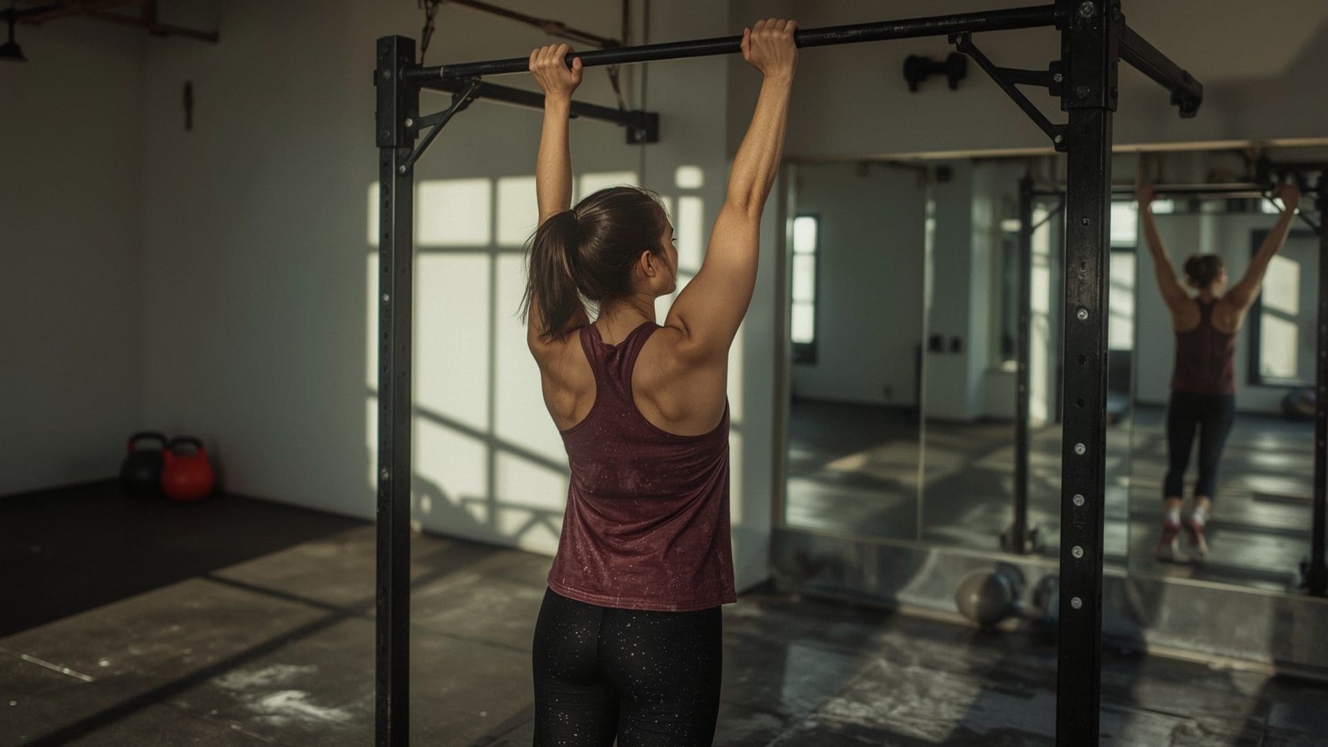 Female athlete dead-hang on pull-up bar demonstrating back width exercise in gym