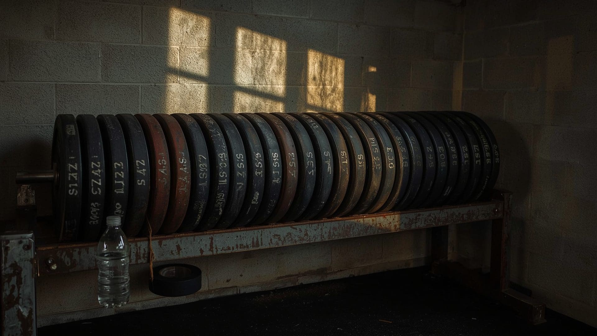 Garage gym weight plate rack with chalk dust and fractional plates in warm morning light