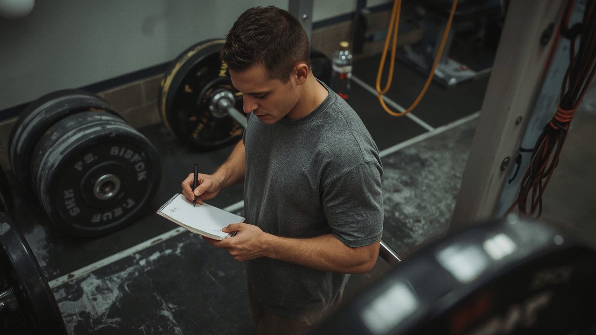 Intermediate lifter reviewing push pull legs workout notes beside barbell rack