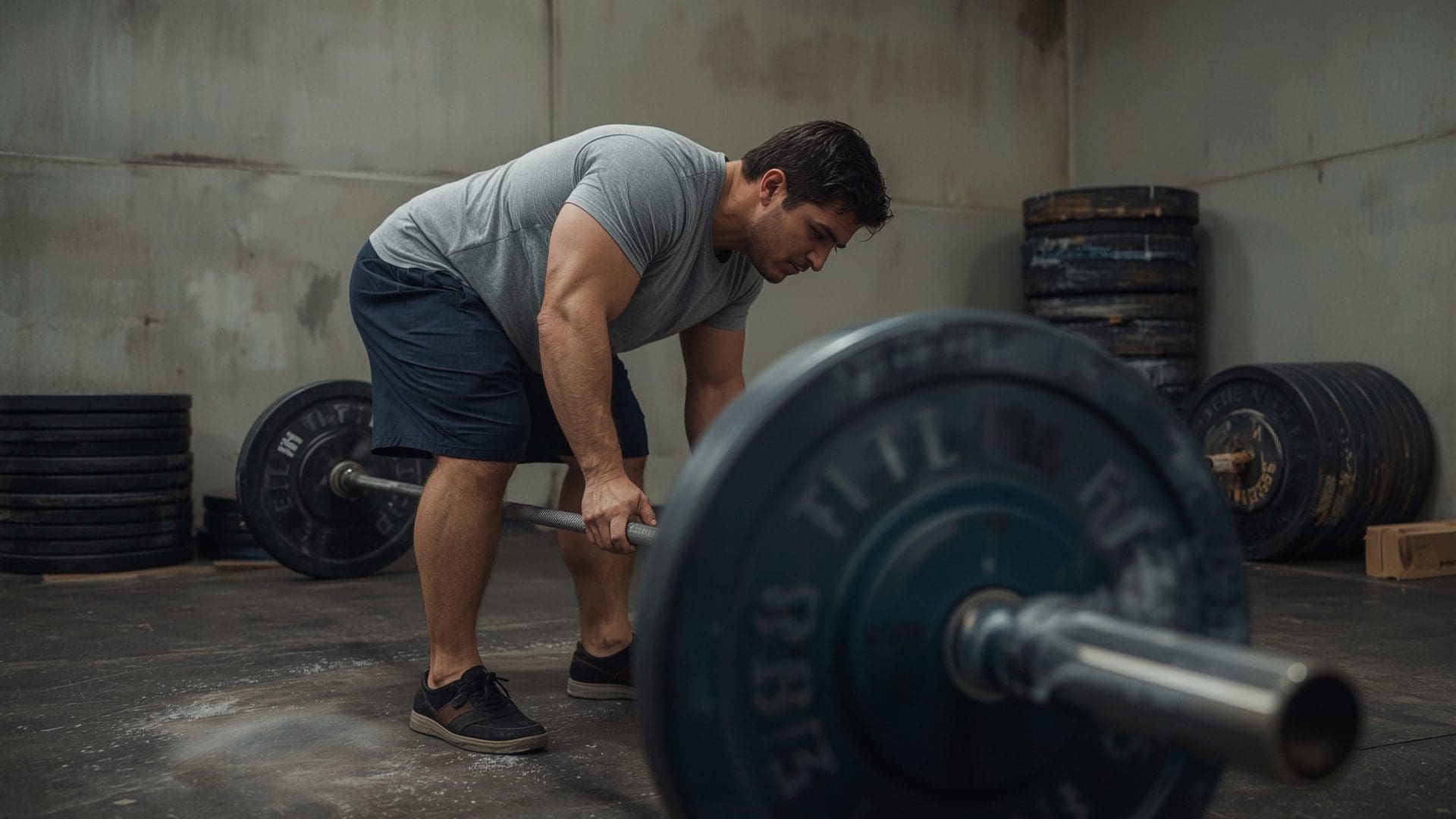 Male lifter performing barbell row for back thickness in powerlifting gym setting