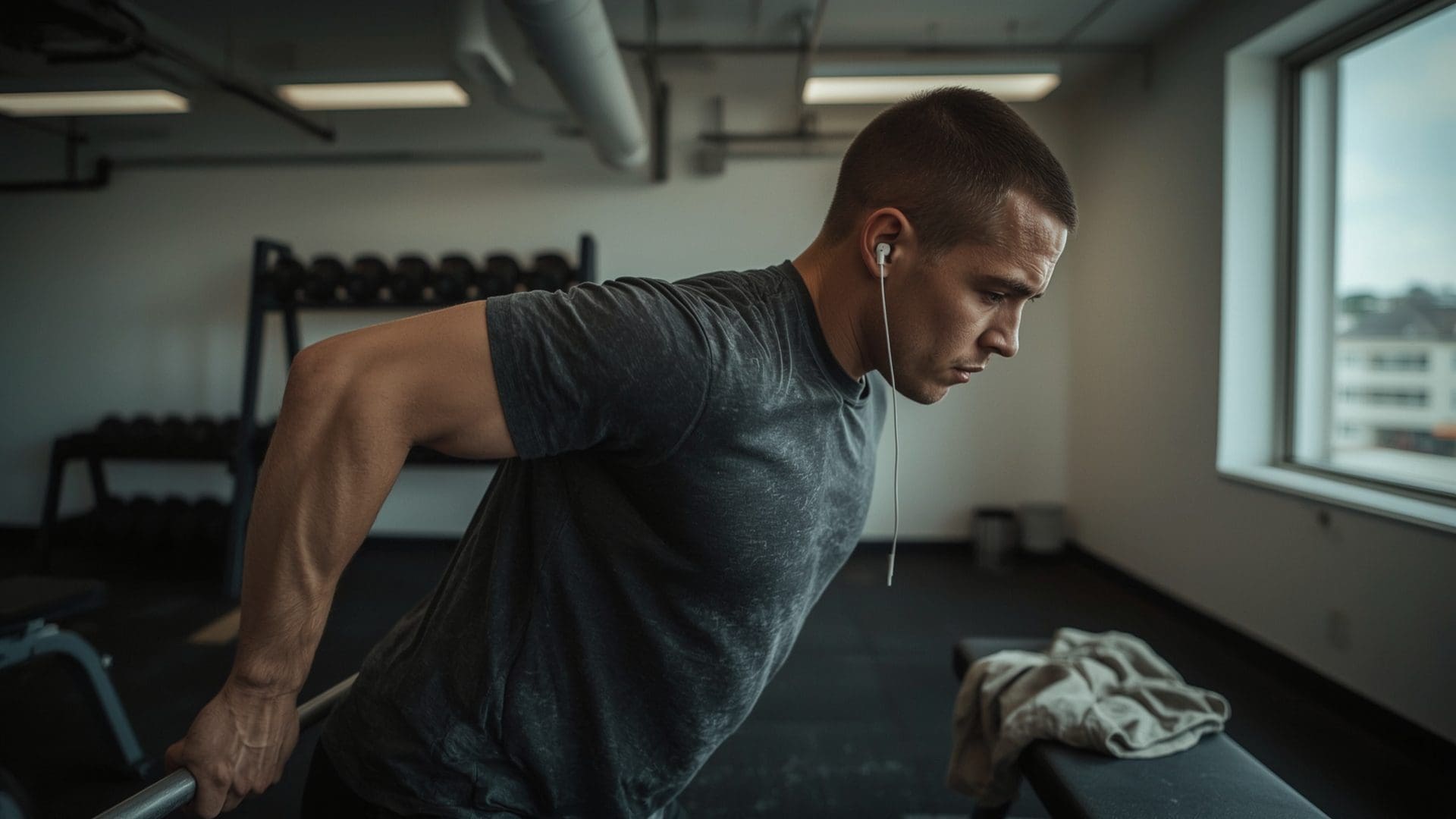 Man performing barbell row mid-rep in commercial gym with warm sidelight