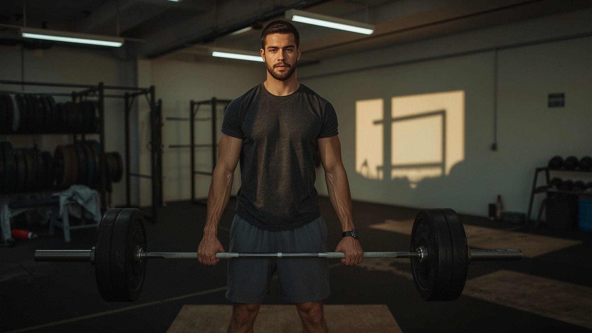 Man performing heavy barbell deadlift in industrial gym with chalk dust