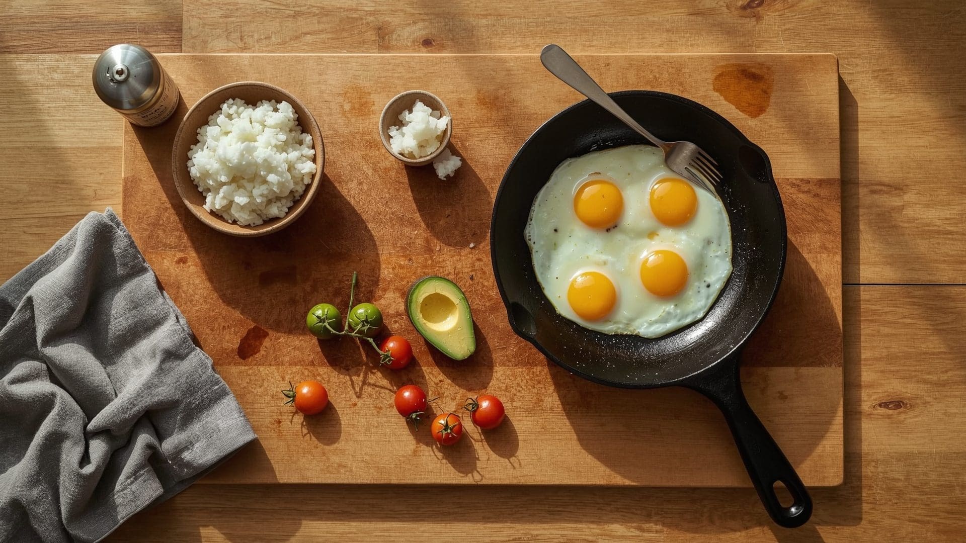 Overhead view of post-workout meal with eggs avocado and rice on cutting board