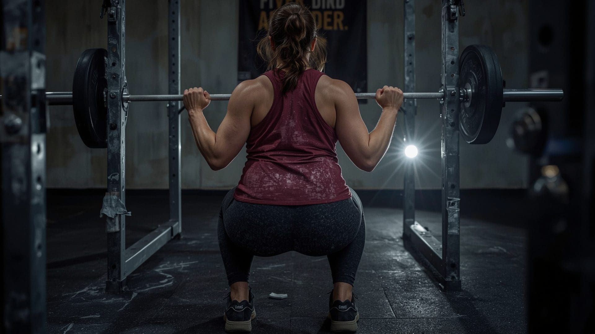 Woman squatting heavy barbell from behind showing knee position in gym lighting