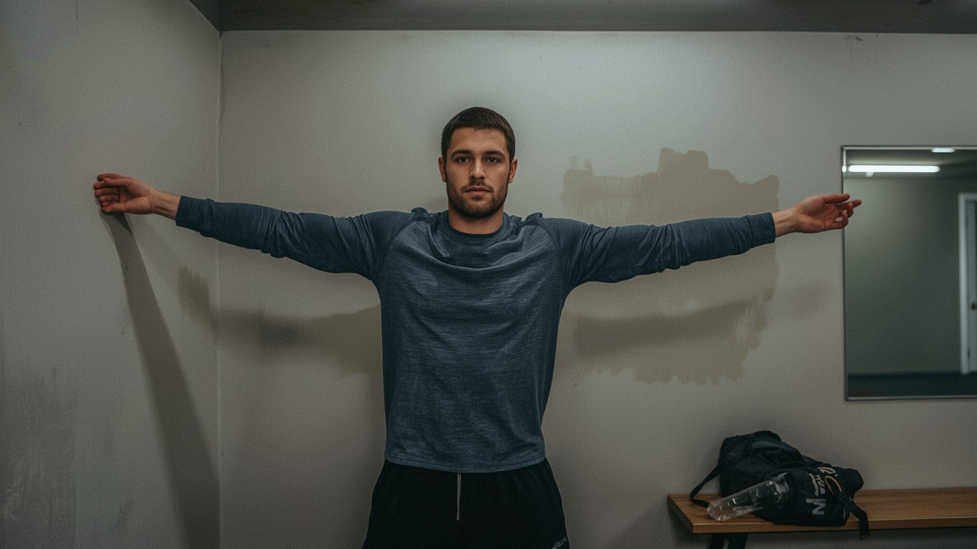 Male athlete performing wall slide shoulder warm-up exercise against gym wall before lifting