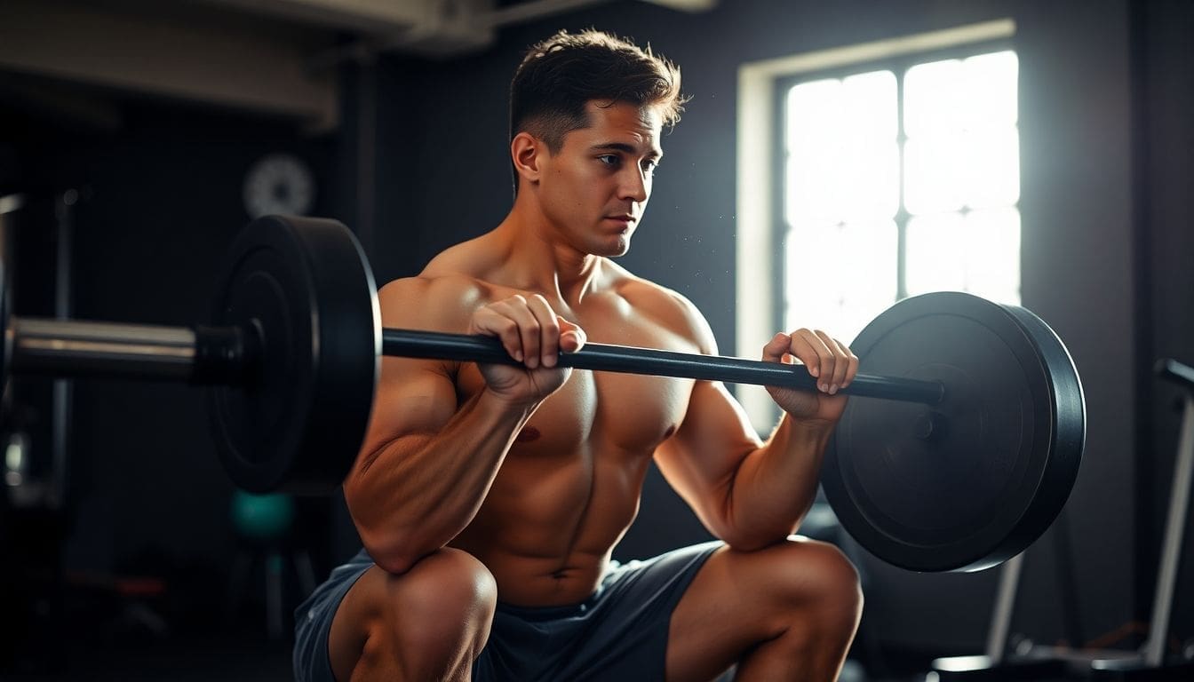 Man lifting barbell in gym with focused expression