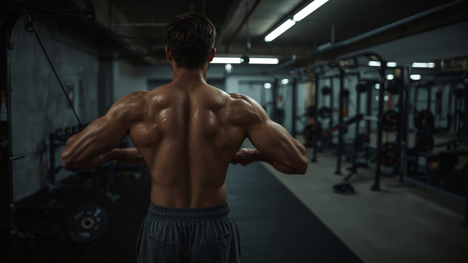 Muscular male athlete performing cable row showing back muscle anatomy in gym