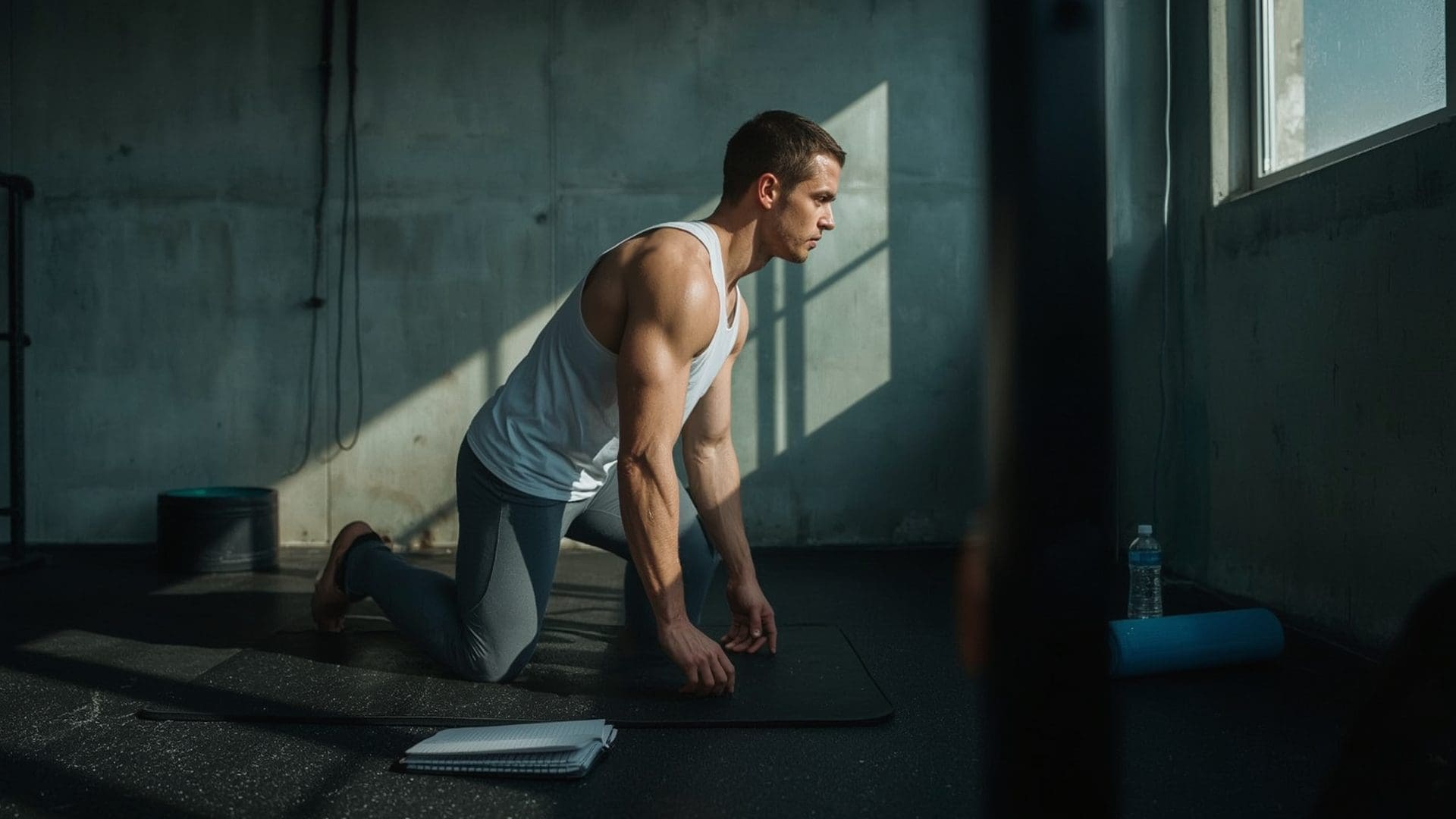 athlete performing hip flexor mobility stretch on gym mat before barbell squatting