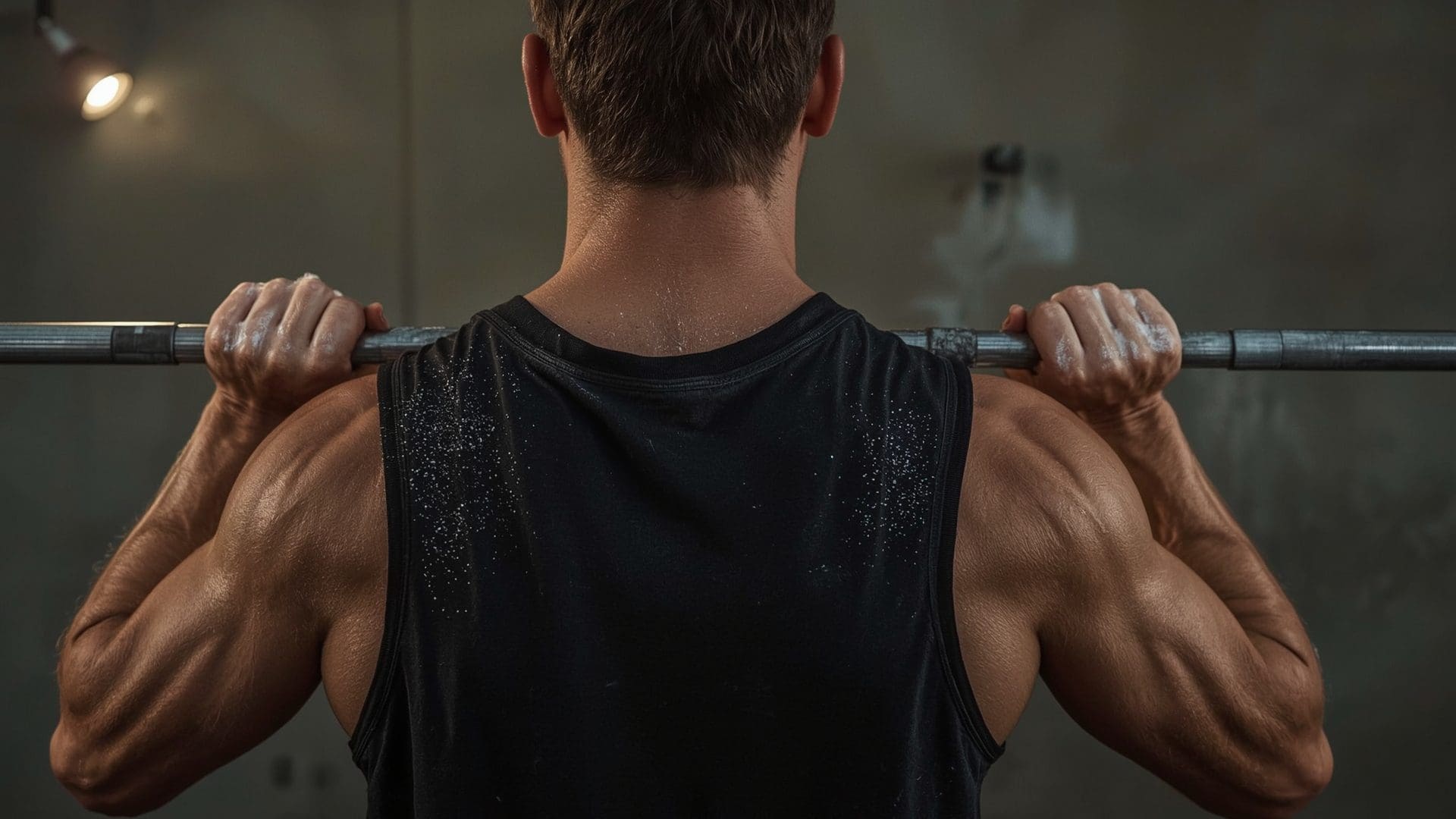 close-up rear view of barbell high bar position on upper trapezius with chalk