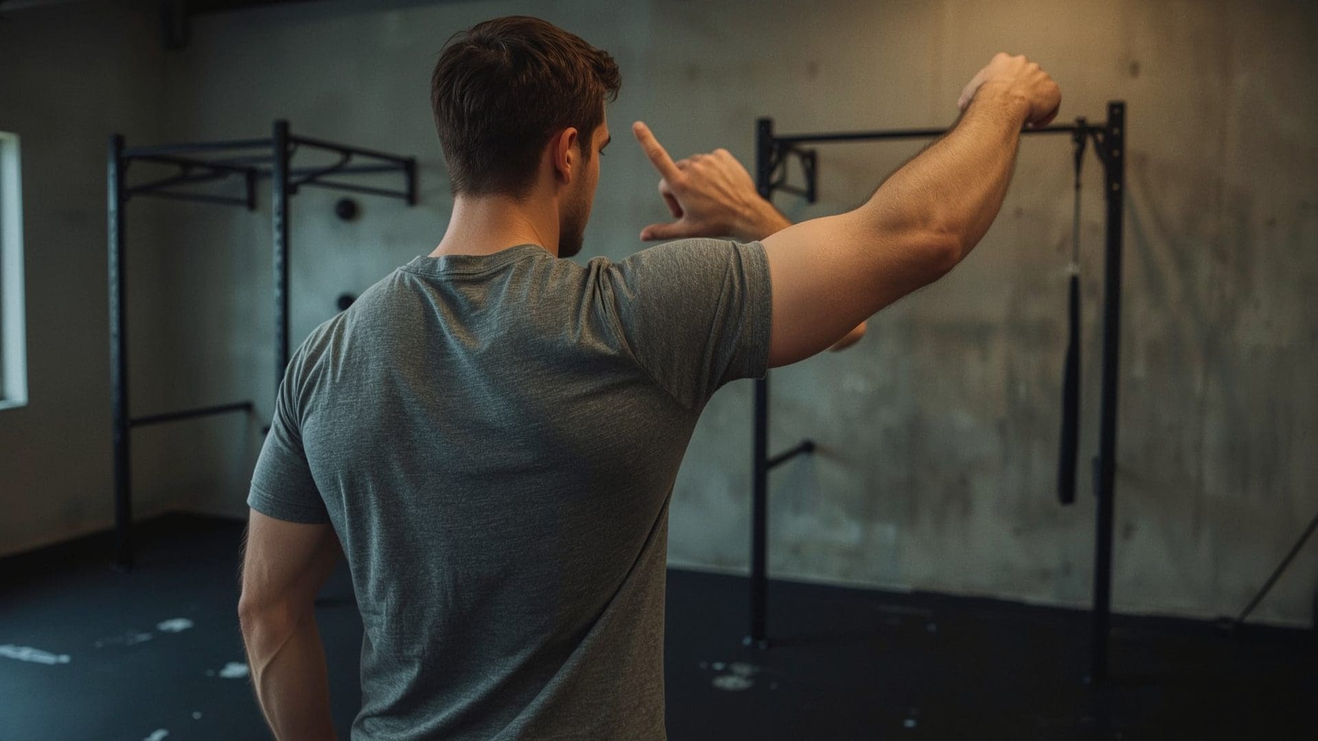 Male athlete demonstrating shoulder rotator cuff position during gym training session