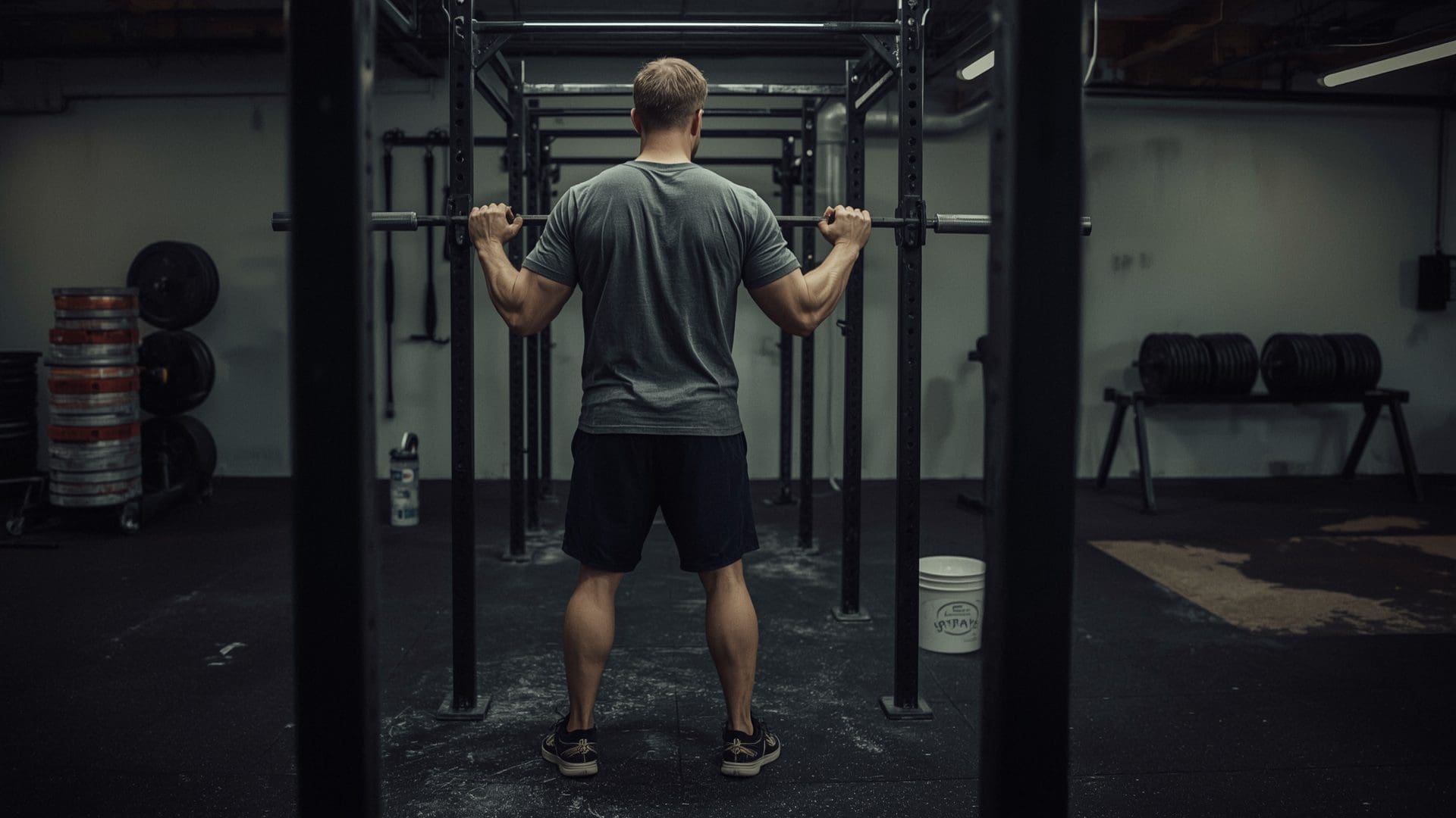 man setting up barbell back squat in power rack with proper grip and stance