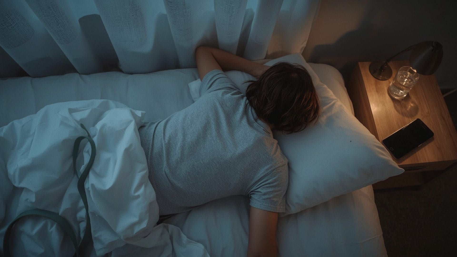 Person resting in bed for shoulder tendon recovery with resistance band on floor nearby