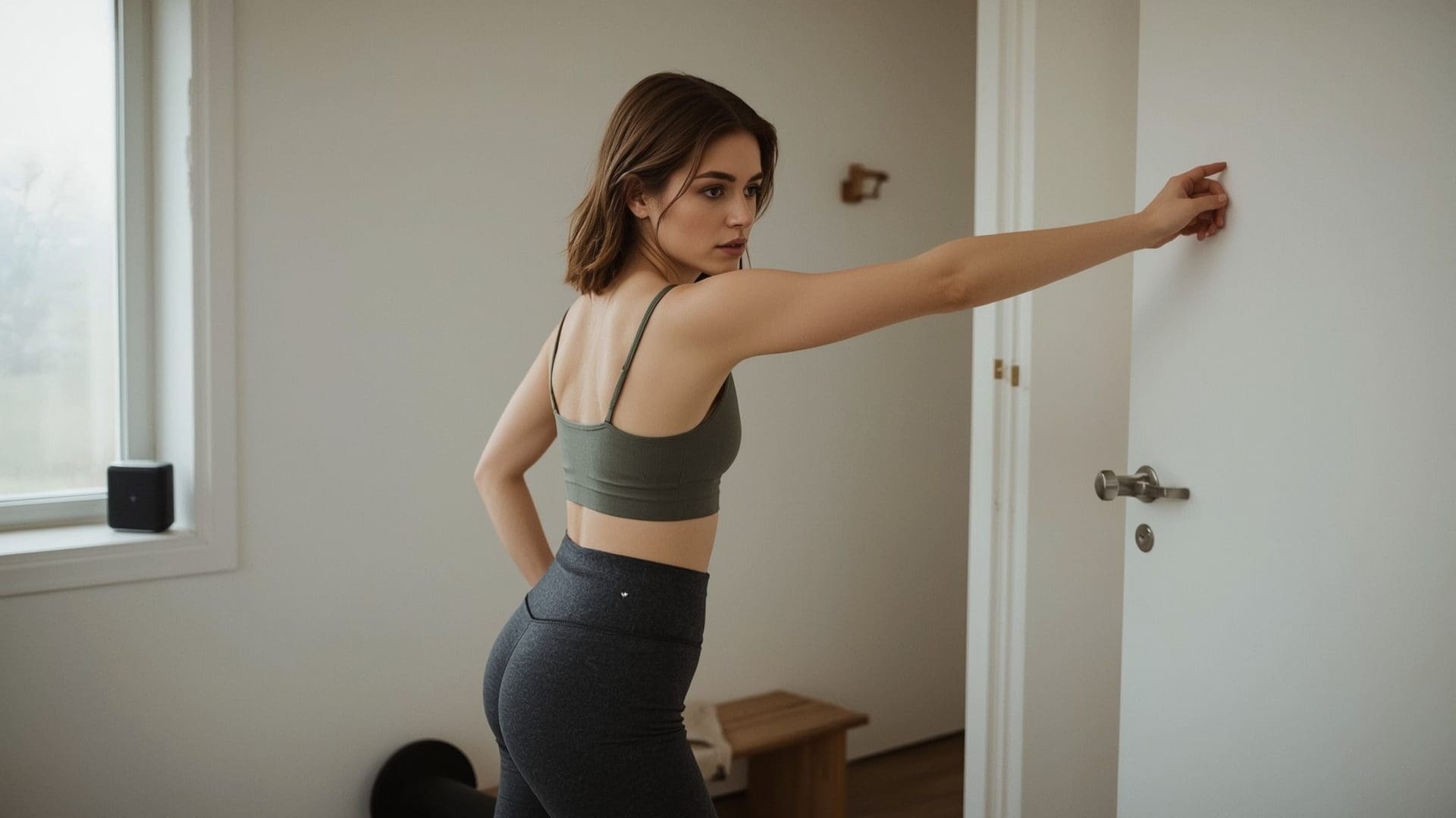 Woman performing resistance band external rotation shoulder prehab exercise at home gym